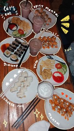 a wooden table topped with plates filled with food