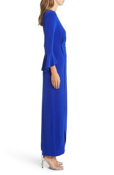 Ruffled bell cuffs and sunray pleats add detail to a classic sheath silhouette, making this gown the perfect fusion of simplicity and elegance. 57" length Slips on over head Ballet neck Bracelet-length sleeves Partially lined 96% polyester, 4% spandex Machine wash, tumble dry Imported Elegant Blue Maxi Dress With Draped Sleeves, Blue Evening Dress With Draped Sleeves, Fitted Blue Evening Dress With Draped Sleeves, Fitted Maxi Dress With Pleated Sleeves For Evening, Fitted Evening Maxi Dress With Pleated Sleeves, Fitted Maxi Dress With Pleated Sleeves, Fitted Maxi Dress With Pleated Sleeves For Cocktail, Formal Fitted Evening Dress With Pleated Sleeves, Blue Maxi Dress With Pleated Back For Formal Occasions