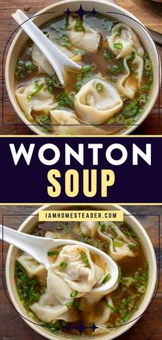 two bowls filled with wonton soup on top of a wooden table