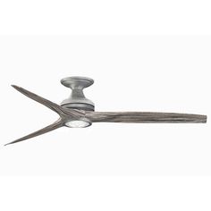 a ceiling fan that is on top of a white wall and has two blades attached to it