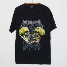 Original 1994 Metallica I'm Inside You Pushead Shirt. This is a true vintage shirt, not a modern reproduction. Sizes vary so please use measurements for best idea on fit. Front and back graphics. Shirt is in good condition, no holes, discoloration on front. This shirt comes laundered and ready to wear. Tag Size: Large Material: 100% Cotton Pit to Pit: 21.25 inches Collar to Hem: 29 inches Vintage Black Shirt With Graphic Design, Streetwear Shirt With Vintage Print And Crew Neck, Vintage Crew Neck Shirt With Graphic Print, Vintage Crew Neck Shirt With Graphic Design, Black Vintage Shirt With Vintage Print, Vintage Shirt With Graphic Print For Fans, Vintage Letter Print Fan Merchandise Shirt, Vintage Sublimation Print Tops For Fan Merchandise, Vintage Graphic Print Shirt For Fans