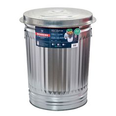 a large metal trash can with a lid on the top and bottom, sitting in front of a white background