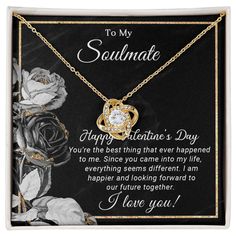 A beautiful gift for your Sweetheart. "To My Soulmate You're the best thing that ever happened to me. Since you came into my life, everything seems different. I am happier and looking forward to our future together. I Love You!" Imagine her reaction receiving this beautiful Love Knot Necklace. Representing an unbreakable bond between two souls, this piece features a beautiful pendant embellished with premium cubic zirconia crystals. Surprise your loved one with this gorgeous gift today! 14k whit Valentine's Day Necklace With Gift Box For Anniversary, Valentine's Day Anniversary Gift Necklace With Gift Box, Valentine's Day Anniversary Necklace With Gift Box, Valentine's Day Jewelry With Gift Box, Valentine's Day Anniversary Gift Necklace With Hallmark, Valentine's Day Anniversary Necklace With Hallmark, Valentine's Day Wedding Necklace With Gift Box, Our Future Together, To My Soulmate