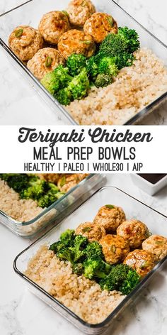 two glass containers filled with chicken and broccoli on top of white countertop