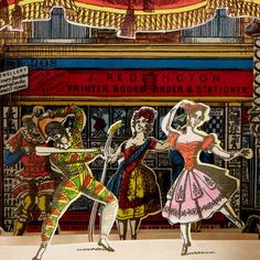 an illustration of two people dancing in front of a theater sign that says printier, borderer and stationer