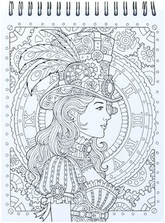 an adult coloring book with a girl in a top hat and feathers on her head