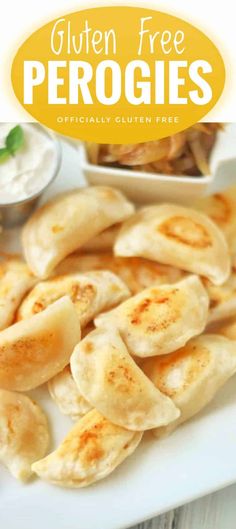 gluten free perogies on a white plate with dipping sauce in the background