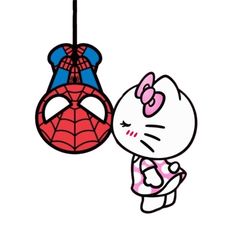 hello kitty and spider - man hanging from a ceiling fan with the same color as it appears to have been drawn