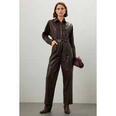 Brown faux leather (100% Polyurethane). Jumpsuit. Long sleeves. Collar. Front button closure. 26.5" from shoulder to hemline. 14" rise. 19" leg opening. Imported. Jumpsuit Long, Marissa Webb, Boiler Suit, Rent The Runway, Closet Designs, Faux Leather, Jumpsuit, Long Sleeves, Collar