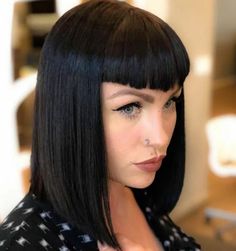 Gothic Bob Hairstyle, Short Straight Black Hair With Bangs, Black Bob With Fringe, Bettie Bangs Short Hair, Vampire Bangs Short Hair, Goth Haircut Long, Black Hair Bob