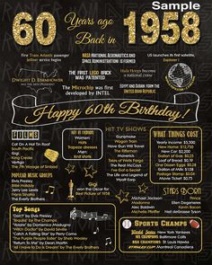 the 60th birthday party poster for an old age celebration with gold lettering and black background