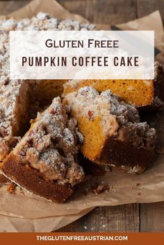 the gluten free pumpkin coffee cake is cut into pieces and sits on top of brown paper