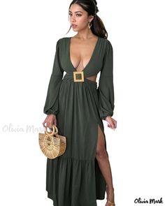 OliviaMark - Elegantly Designed Stretch Fabric Long Sleeve Dress with Low-Neck and Exquisite Hollow Out Detailing Solid Maxi Dress, Dress Sleeve Length, Vogue Dress, Dress Crafts, Patchwork Dress, Waist Dress, Types Of Skirts, V Neck Dress, Dress Fabric