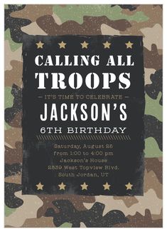 camo birthday party card with the words, calling all troops and stars on it