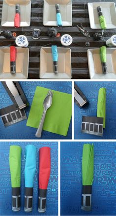 four pictures show different types of utensils and spoons on trays with napkins