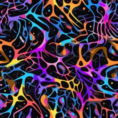 an abstract background with many different colors and shapes in black, blue, pink, yellow, orange, and purple