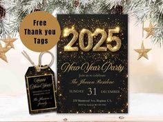 a new year's eve party with gold and black decorations