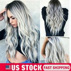 Women Gray White Ombre Long Wavy Curly Full Wigs Cosplay Party Synthetic Hair US Ash Blonde Hair Colour, Long Hair Wigs, Long Curly Wig, Party Mode, Ash Blonde Hair, Grey Hair Color, Full Wigs, Blonde Wig