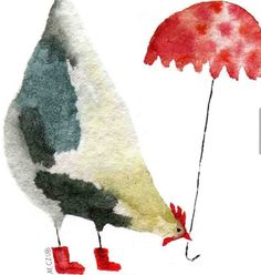 a watercolor painting of a bird holding an umbrella in its beak and standing on one leg