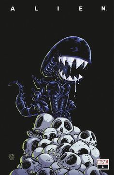 an alien is sitting on top of a pile of skulls