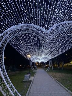 the walkway is lined with white lights and arches that look like they are made out of wire