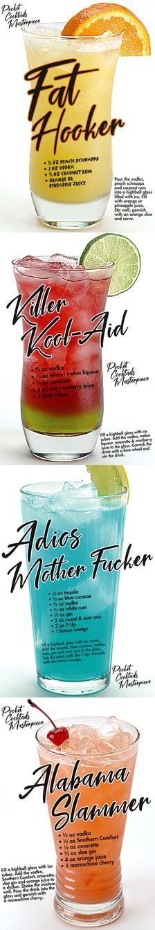 four different types of cocktails with names on the side and in each glass bowl