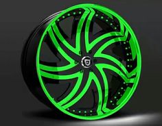 a green and black wheel with rivets on the rim is shown in this image