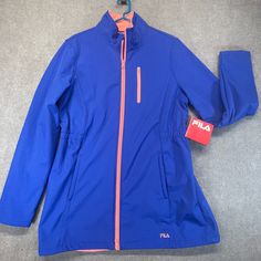 Fila Get Wet Bonded Jacket Nwt Women's L/Xl Blue Full Zip Pockets Peach Accents $100 Retail Please Review Measurement Photos As International Size May Not Line Up Exactly. Jacket Seems A Bit Small For Xl, More In Line With A Large Sizing. Stretch Blue Track Jacket For Fall, Sporty Stretch Blue Outerwear, Blue Stretch Winter Track Jacket, Blue Stretch Track Jacket For Winter, Fitted Blue Windbreaker For Winter, Blue Fitted Casual Windbreaker, Fitted Blue Winter Windbreaker, Blue Stretch Winter Outerwear, Blue Spring Sports Outerwear