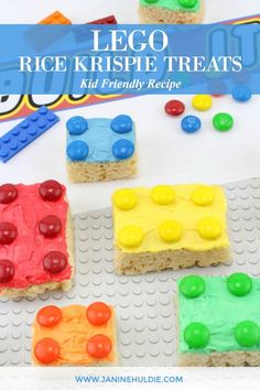 lego rice krispie treats with candy on top and the words, lego rice krispies treats