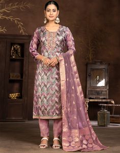 elegant pink organza designer party wear heavy salwar suit collection with pink santoon 13604-acy3703 Front View Dusty Mauve, Palazzo Suit, Pink Trousers, Pink Bottom, Embroidered Pants, Green Sequins, Organza Dupatta, Organza Fabric, Mauve Color