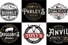 six different types of logos for whiskeys and other beverages, all in black and white