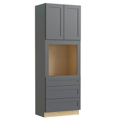 a gray cabinet with two doors and drawers