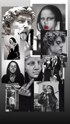 black and white collage with images of women in different poses, including one woman's face