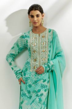 Blue kurta with floral geometric prints highlighted by zardozi and marodi embroidery. Comes with palazzo and dupatta. - Aza Fashions Turquoise Straight Kurta Set For Festive Occasions, Turquoise Bollywood Straight Kurta Set, Festive Turquoise Straight Kurta Set, Bollywood Style Turquoise Straight Kurta Set, Festive Turquoise Kurta Set, Festive Turquoise Blouse Piece With Dupatta, Festive Semi-stitched Turquoise Blouse Piece, Bollywood Style Turquoise Blouse Piece, Festive Turquoise Sharara