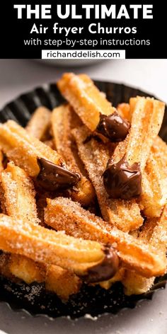 chocolate covered french fries on a plate with text overlay that reads, the ultimate air fry