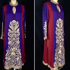 Nwot Sheer Arabian Kaftan/Tunic Royal Purple & Maroon Keyhole Tie Neckline Heavy Gold Embroidery Sheer Embroidery Long Sleeve High Side Slits Size Large Bust 40” Waist 42” Hips 44” Length 52” Kaftan Is In Excellent Condition Nwot Transitional Anarkali Kaftan With Long Sleeves, Festive Tunic Kaftan For Transitional Season, Transitional Long Sleeve Anarkali Kaftan, Traditional Purple Kaftan For Festive Occasions, Silk Tunic Kurta With Resham Embroidery, Silk Kurta With Resham Embroidery Tunic, Silk Resham Embroidery Tunic Kurta, Silk Resham Embroidery Kurta Tunic, Bollywood Style Designer Tunic Dress