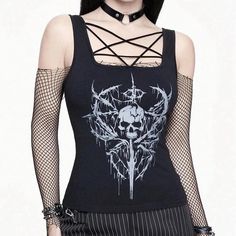 a woman with long black hair wearing a shirt that has a skull and crossbones on it