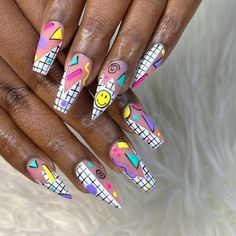 Funky Spring Nail Designs, Fun Cute Nails, Funky Nail Art Acrylic, 80’s Nails, Pop Art Nails Designs, Abstract Nails, Abstract Nail, Glamour Nails