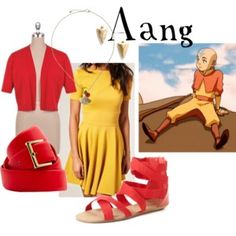 a woman in yellow and red outfit with sandals on her feet next to an image of aang