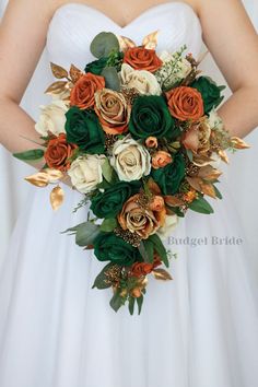 a bridal bouquet with orange and green flowers