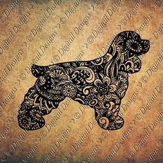 a black and white dog with ornate designs on it's back legs, standing in front of a brown background