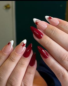 Y2k Nails Short Red, Red Nails With Star Design, Star Red Nails, Red Star Nails, Nails Xmas, Hoco Nails, Red Nails Glitter, Glitter French Tips, Body Details