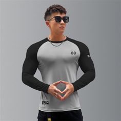 Patchwork Long Sleeve Men's Fitness & Workout T Shirt - Men's Fitness Apparel, Men's Sports & Fitness T Shirts | Vivinch Gray Sportswear T-shirt For Gym, Casual Black Crew Neck Rash Guard, Black Crew Neck Rash Guard For Workout, Black Sporty Rash Guard With Crew Neck, Gray Long Sleeve T-shirt For Workout, Casual Moisture-wicking Rash Guard For Sports, Casual Stretch Crew Neck Rash Guard, Gray Crew Neck Top For Light Sports, Casual Stretch Rash Guard With Crew Neck