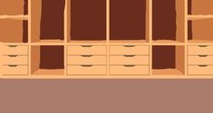 an empty closet with many drawers and boxes on the shelves, in front of a brown wall