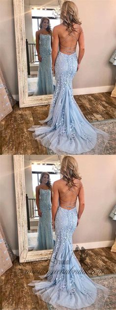 Spaghetti Strap Sky Blue Mermaid Prom Dresses Backless Pageant Formal Dresses, QB0332 #prom #promdresses #longpromdresses #prompartydresses Prom Dresses Backless, Prom Dress With Train, Cheap Prom Dresses Long, Backless Evening Dress, Prom Dresses 2018, Marine Uniform, Prom Dresses 2019