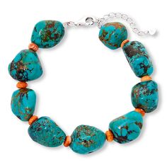 KALIFANO Turquoise Nugget and Spiny Oyster Shell Bracelet  Add a bold pop of color to your wrist with this fun, gemstone bracelet. The chunky style features nuggets of beautiful, blue turquoise and contrasting orange spiny oyster shell bead accents.       S/M approx. 8"L x 1/2"W with 1-1/2" extender; fits 7" to 8-1/2" wrist     M/L approx. 8-3/4"L x 1/2"W with 1-1/2" extender; fits 7-3/4" to 9-1/4" wrist     Stamped .925; rhodium plating     Lobster claw clasp     Bracelet comprised of nugget-sh Turquoise Coral Jewelry, Clasp Bracelet, Shell Bracelet, Coral Jewelry, Spiny Oyster, Oyster Shell, Bracelet Clasps, Coral Turquoise, Shell Beads