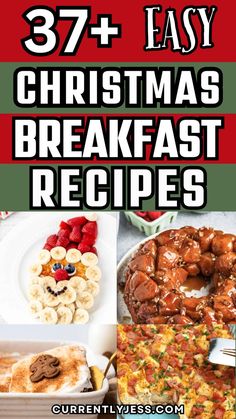 the cover of 37 easy christmas breakfast recipes with images of different foods and desserts