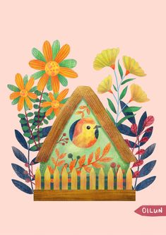 a bird house with flowers and leaves around it