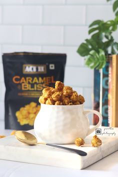 a white mug filled with caramel bliss cereal