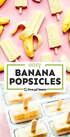 banana popsicles on a pink background with text overlay